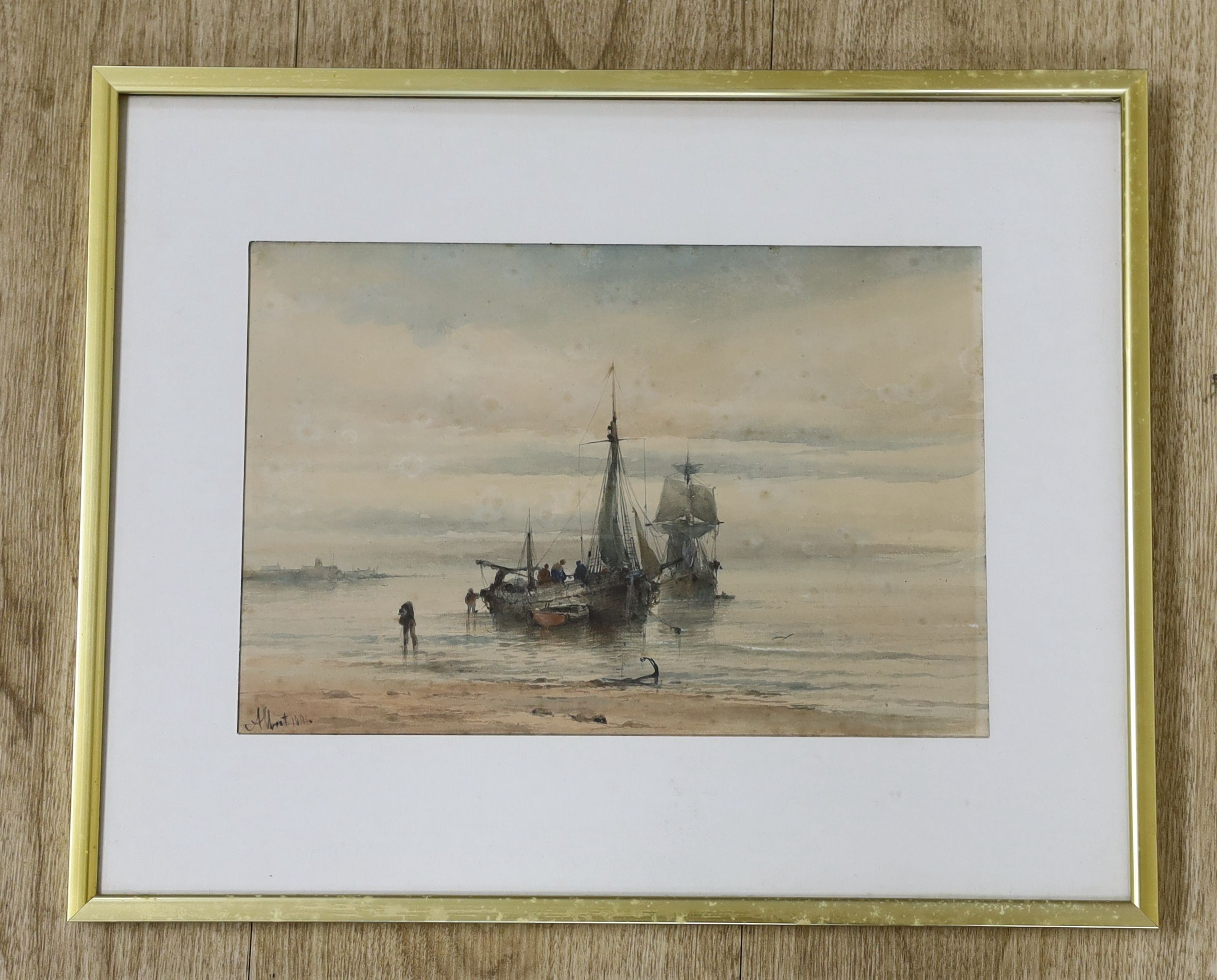 Albert Ernest Markes (1865-1901), watercolour, 'Fishing boats unloading the catch', signed and dated 1886, 18 x 27cm